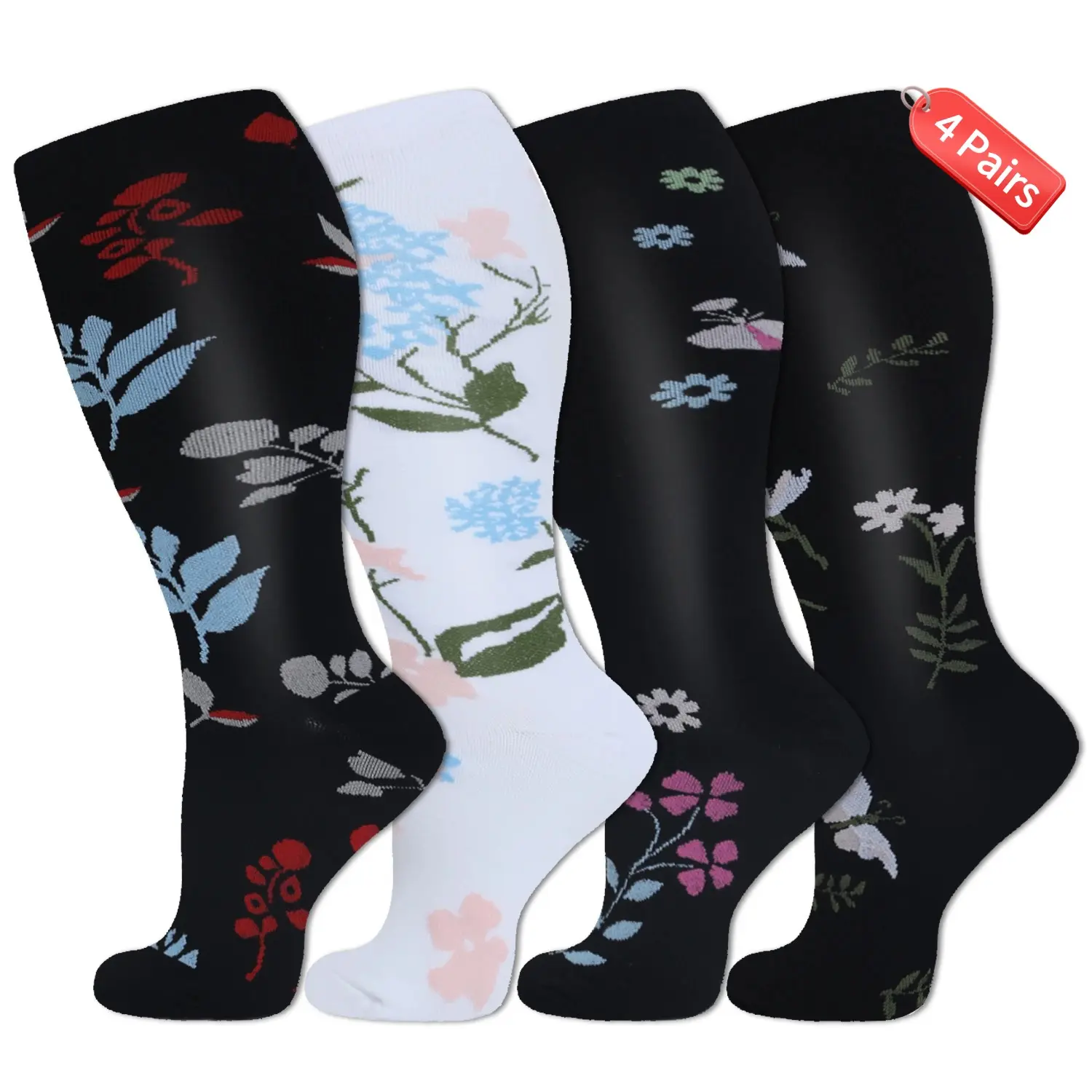 ISUNIE 4 Pairs Wide Calf Compression Socks for Women & Men, 15-20 mmHg, Breathable, Lightweight & Moisture-Wicking for Circulation, Work, Travel & Everyday Wear, Live Exclusive,Mid-Year Limited-Time Deal