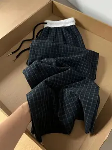 Urerem Plus Size Plaid Wide Leg Pants, High Waist Contrast Waistband, Drawstring Palazzo Pants for Curvy Women, Comfortable and Stylish