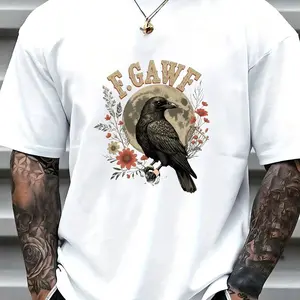 Gothic Crow Full Moon Floral T-Shirt - Vintage Retro Streetwear Cotton Tee, Super Soft Breathable Short Sleeve Top with Black Bird and Golden Arch Text Design - Perfect Gift for Music Lovers, Tattoo Enthusiasts, and Fans of Dark Nature Aesthetics