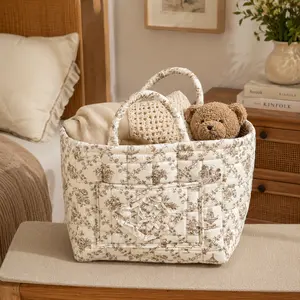 UFORU  Quilted Fabric Storage Basket with Handles, French Toile Floral Storage Bin with Front Pocket, Foldable Decorative Organizer Basket for Clothes, Toys, Towels, Nursery, Bedroom, Bathroom, Laundry Room