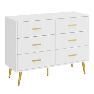 White Modern 6 Drawer Wooden Dresser with Gold Knobs Large Storage Chest for Bedroom Living Room and Entryway Organizer White Stylish Elegant Cabinet