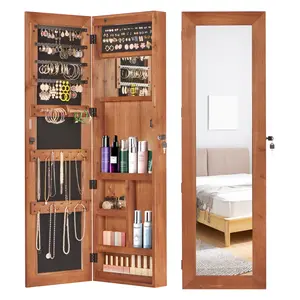 Solid Wood Jewelry Armoire Organizer Cabinet with Full Length Mirror, 47.5"x14.3" Wall Mounted Lockable LED Lights Jewelry Storage Cabinet, Light Brown/Brown/White