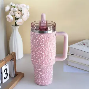 Pearls Bling 40 oz Tumbler with Handle and Straw | Rhinestones 100% Leakproof Stainless Steel Insulated Tumbler with Lid and Straw | Cup Holder Friendly Base