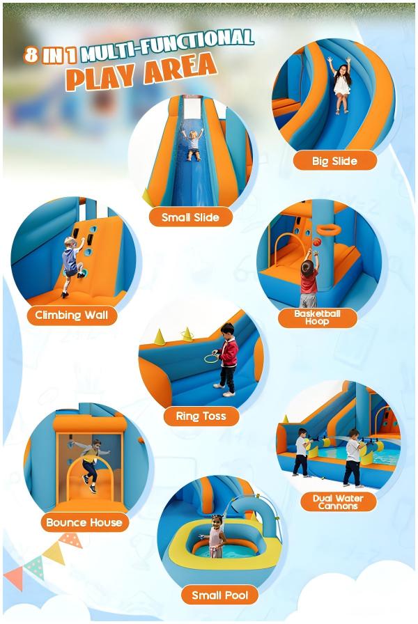 ALBOTT Inflatable Bounce House, Water Slide with Jumping Area, Climbing Wall, Splash Pool and Water Gun, Indoor Outdoor Jumper for Kids 3-12, Air Blower Included