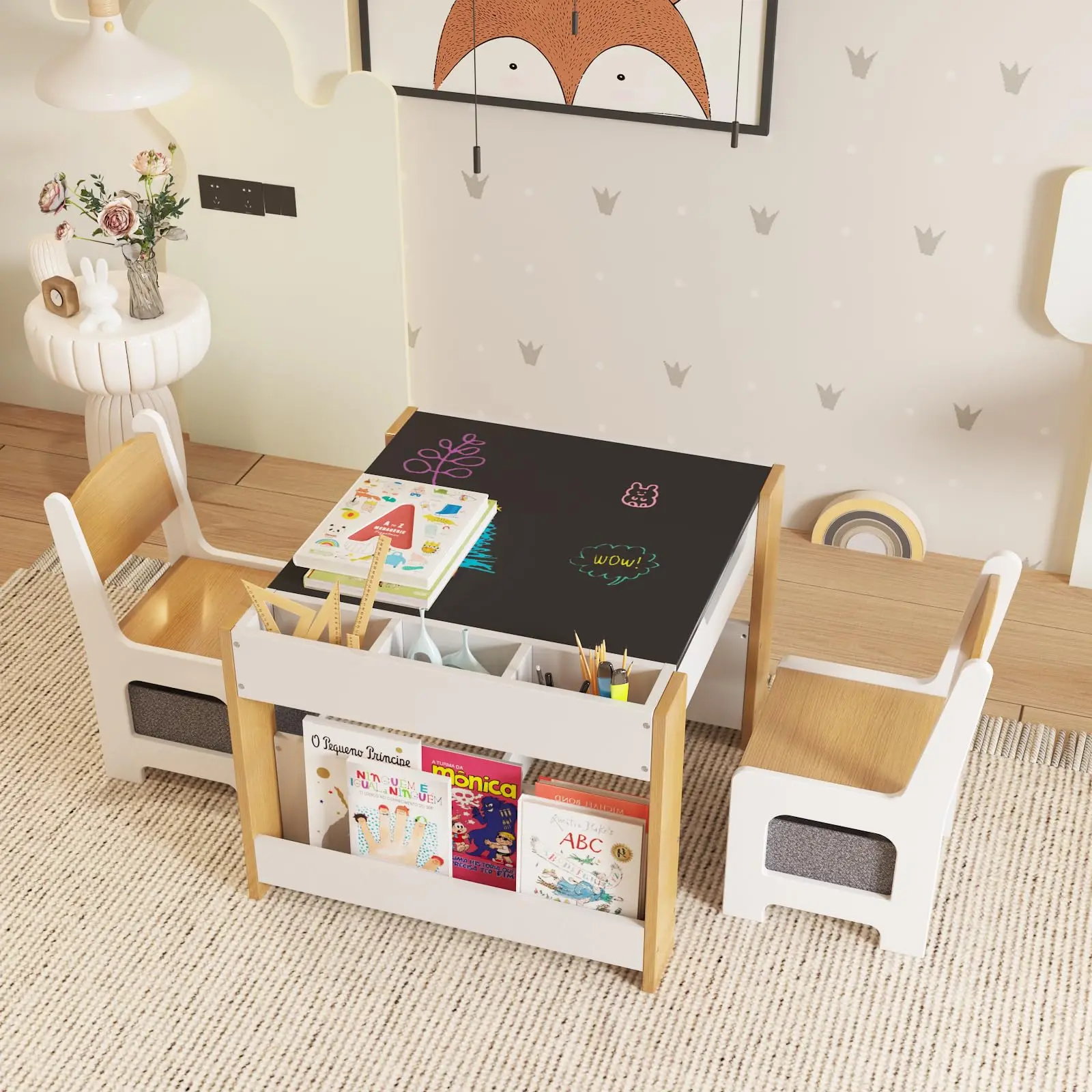 GARVEE 4-in-1 Children's Activity Table & 2-Chair Wood Furniture Set, Reversible Whiteboard-Blackboard Top, Storage Drawers for Unisex Kids' Room, Black & White, Black And White, Children's Room, Easy Maintenance And Assembly, Engineered Wood, 45.2 Pounds