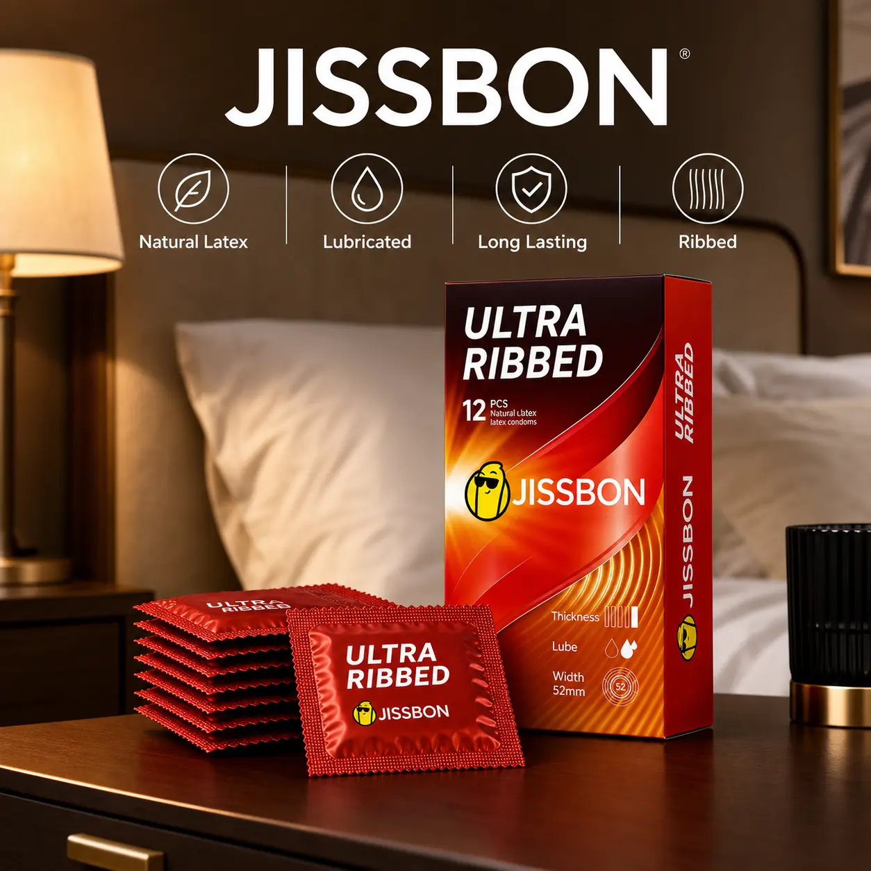 JISSBON Textured Ribbed Condoms with , Long Lasting Protection for Couples, Romantic Hotel Stay Essentials