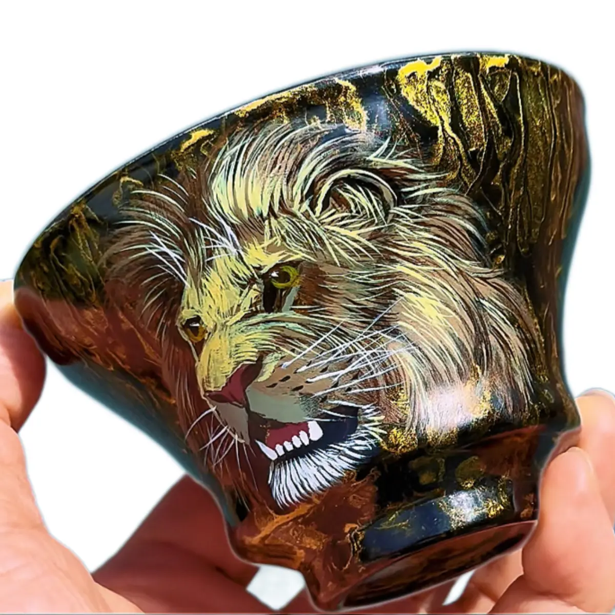 Jianzhan Chinese Tea Cap Lion's Cup Large Lacquer Hand Painted Unique Artisan Crafted Tea Accessory Traditional Craftsmanship