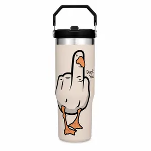 30oz Portable Insulated Tumbler - 18/8 Stainless Steel, Foldable Handle, Leak-Proof Flip Straw, BPA-Free, Funny Middle Finger Duck "Duck You" Sassy Humor Cartoon Full Wrap Print, Gag Gift for Women, Home Supplies Storage Bottle