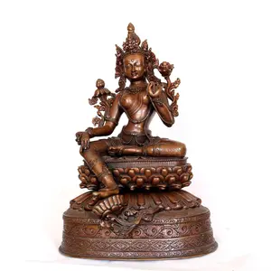 Green Tara Statue with Detailed Copper Carving, Rubies and Emerald Decor, H 16" x W 11" x D 8"