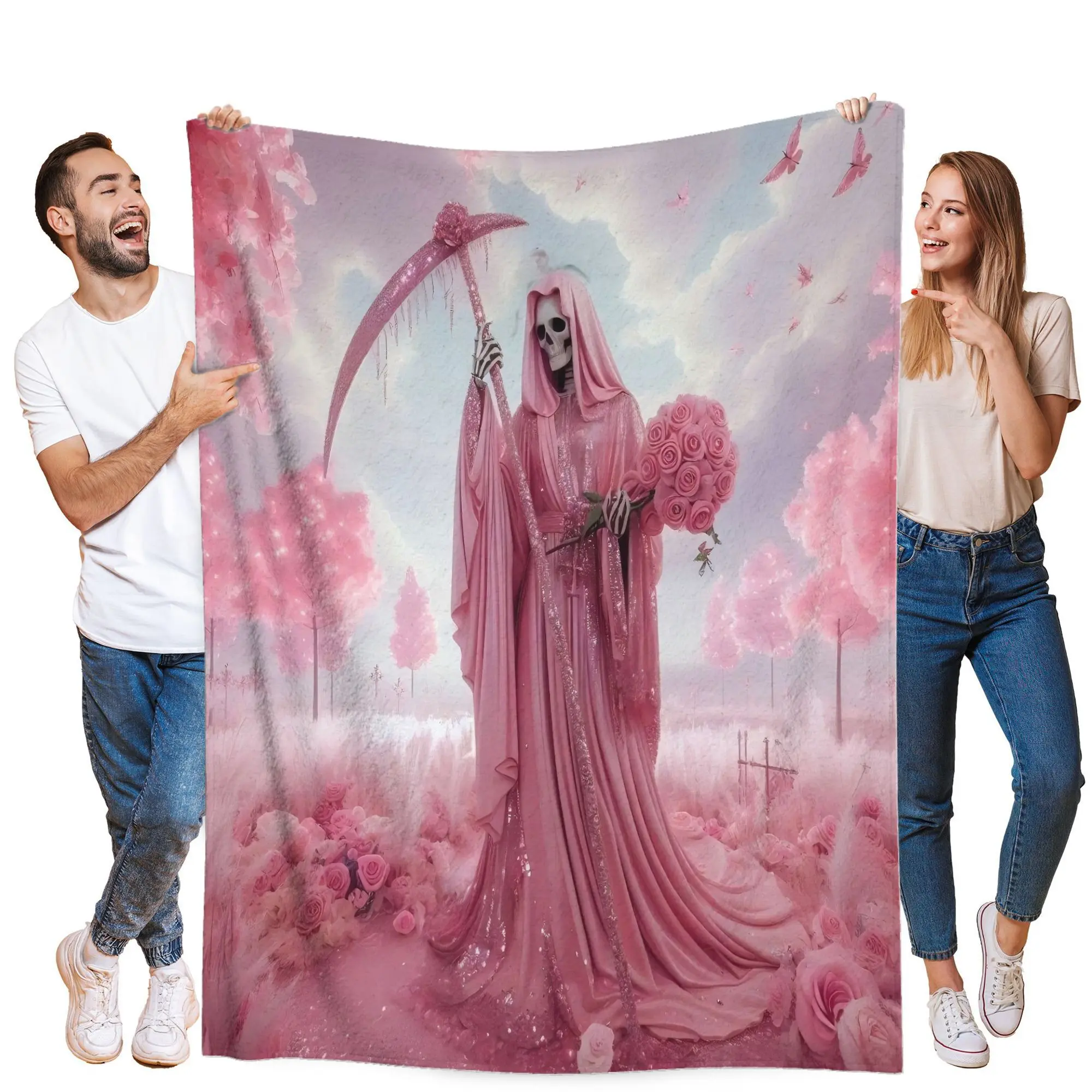 Santa Muerte Gothic Alt Style Blanket - Soft Flannel All-Seasons Bedspread, Pink Floral Print, Cozy Couch/Bed/Travel Throw, Winter Home Decor, Back to School Gift, Gothic Alt Style Blankets