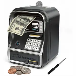 Piggy Bank for Kids Electronic ATM with Password Fingerprint Unlock, Real Money Cash Coin Savings Bank Safe,Mini ATM Toy for Children, Birthday Christmas Gifts for 3 4 5 6 7 8 9 10 11 12 Year Old Boys Girls, Black/Pink Electronic Money Bank with Code Lock