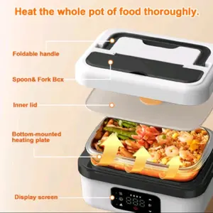 Rechargeable Cordless Self-Heating Lunch Box for Adults Portable Food Warmer with 1-Liter Capacity Stainless Heating Meal Prep for Office Picnic Car & Outdoor Use Plug-in Tableware