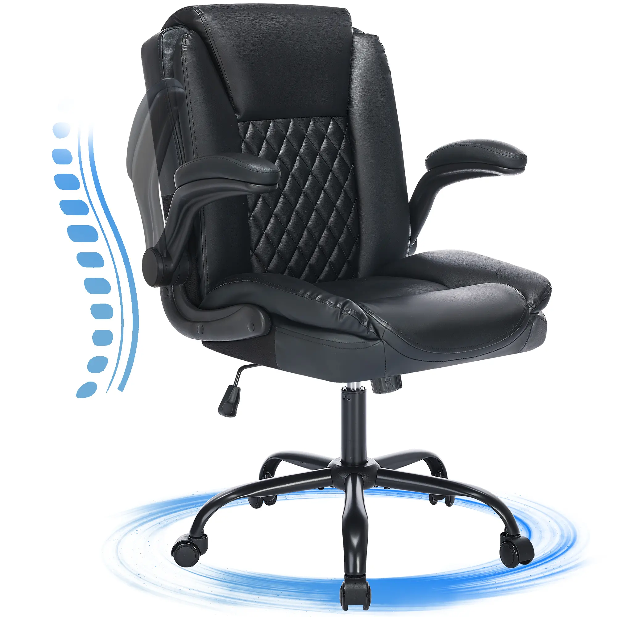 JONPONY Wide Ergonomic Desk Chair - High Back Leather Office Chair, 300lbs Capacity, Adjustable Lumbar Support, Space-saving Arms, Easy Setup