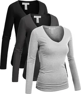 V-neck T-shirt Long Sleeves Shirt Tee Cotton Basic