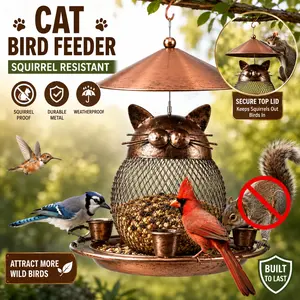 Cute Cat‑Shaped Outdoor Metal Bird Feeder – Hanging Rustproof Garden Yard Décor, Large Capacity Wild Bird Seed Feeder for Squirrel‑Proof Feeding, Antique Finish, Gift for Cat Lovers & Bird Watchers