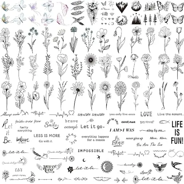 100 Sheets Realistic Temporary Tattoos, 240+ Pcs Multicolor Modern Floral & Inspirational Words Tattoos, Waterproof