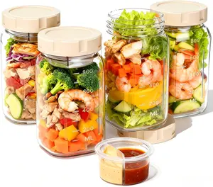 4 Pack Glass Salad Jars with Lids Meal Prep, Leakproof Container for Lunch, Two Small Built-in Boxes with Wet/Dry Separation for Salad Dressing and Dry Ingredients, 32oz Mason Jars