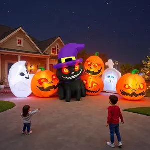 8FT Halloween Inflatable Outdoor Decoration ,Black Cat Pumpkin Inflatable with Built-in LED Lights, Ghost Tombstone Horror Yard Decoration,   Holiday Parties and Outdoor Lawns.