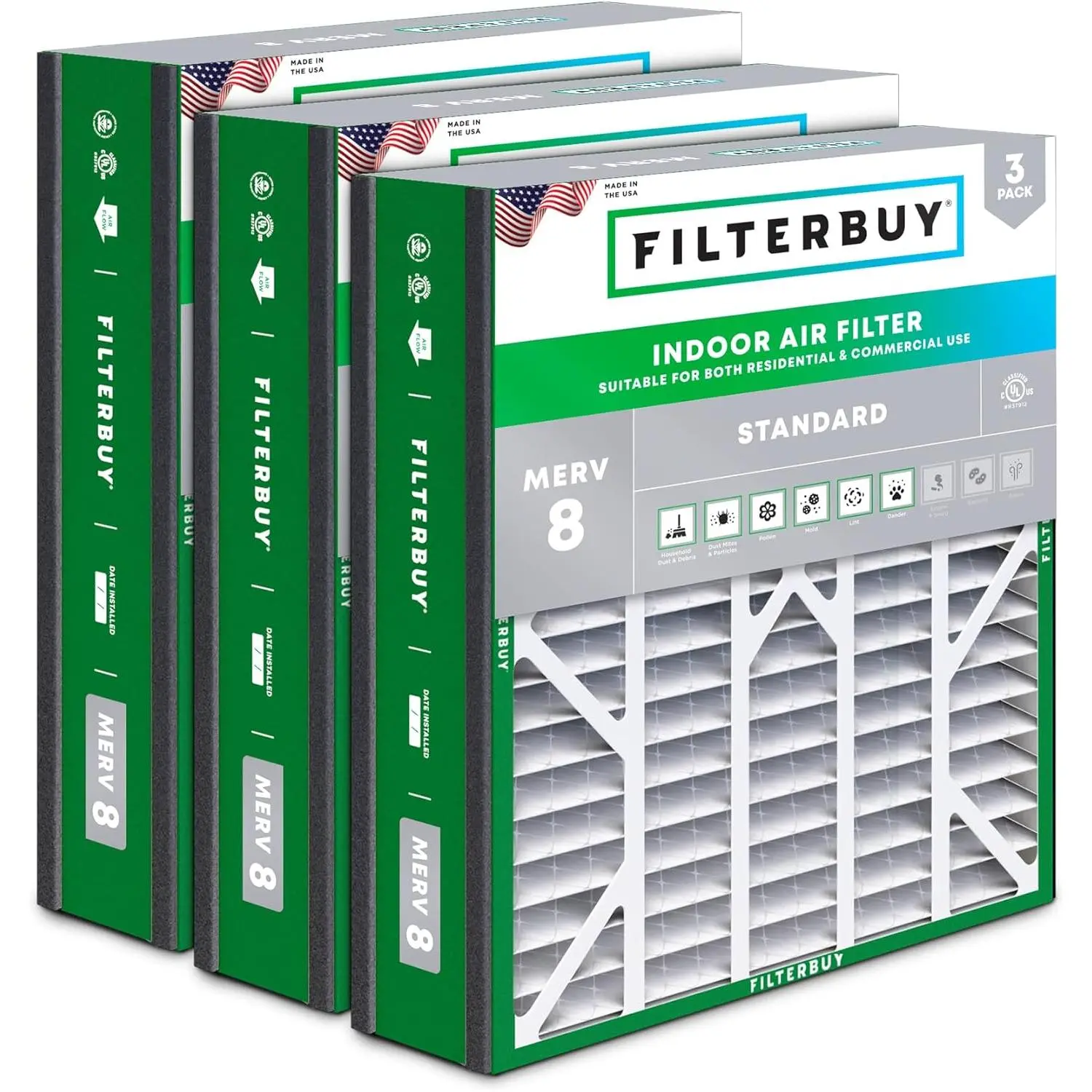 Filterbuy 20x20x5 Air Filter (3-Pack), Pleated MERV 8 Dust Defense HVAC AC Furnace Air Filters for Trion Air Bear 255649-103 & More