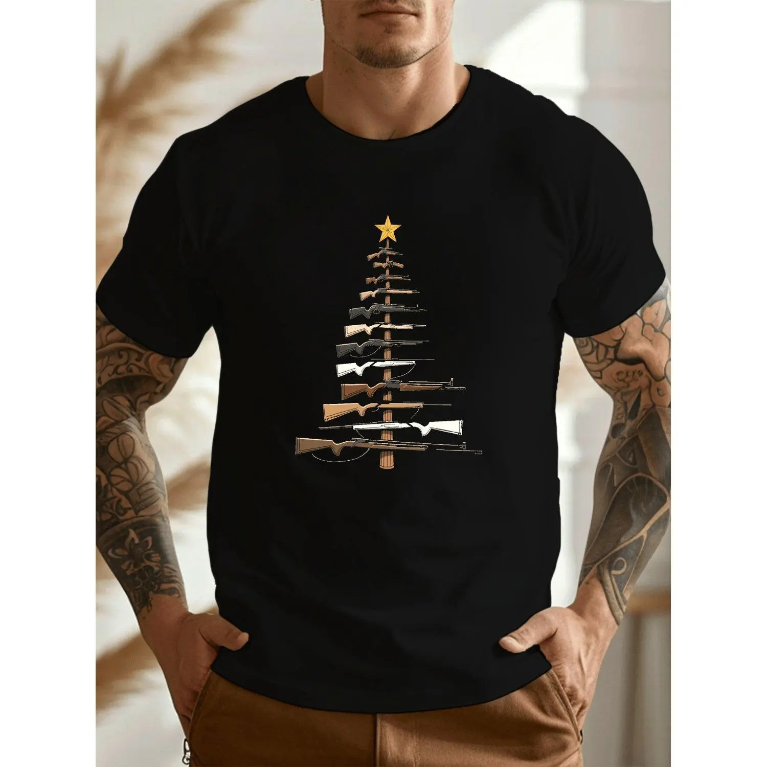 Casual Short-Sleeve T-Shirt for Big And Tall Men Featuring a Graphic Print of a Christmas Tree Made of Perfect for Summer Wear, Plus Size