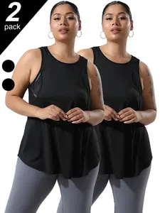 2-Pack Plus Size Women's Round Neck Gradient Striped Mesh Vest, Sleeveless Breathable Loose Fit Summer Top, Casual Daily Wear, Slimming Effect, Versatile Clothing, Mesh Tank Top