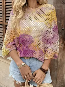 Spring & summer Bohemian knit top, round neck, hollow-out batwing sleeves, loose fit. Contrast gradient print, lightweight, Casual Boho Soft. Perfect for daily, commute, vacation & beach bikini cover-up.