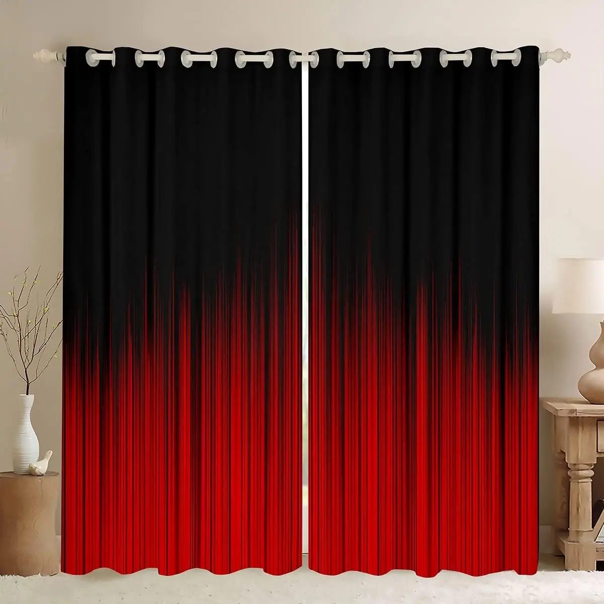 Red and Black Geometric Ombre Boho Gradient Window Curtains, 2-Panel Home Decoration Home Textile Drapes, Interior Decoration Accessories, Privacy Grommet Modern Window Treatments for Living Room