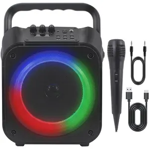 MHT778 Portable Karaoke System w/Lights, , 12W Output, USB/ SD/Aux Input, 1 Wired Mic, PA System at / the go,  in Rechargeable , Big Sound in a Little Package