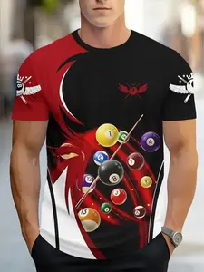 Men's 3D Digital Print Billiard Pattern T-Shirt, Block Sleeves, Casual Round Neck Short Sleeve