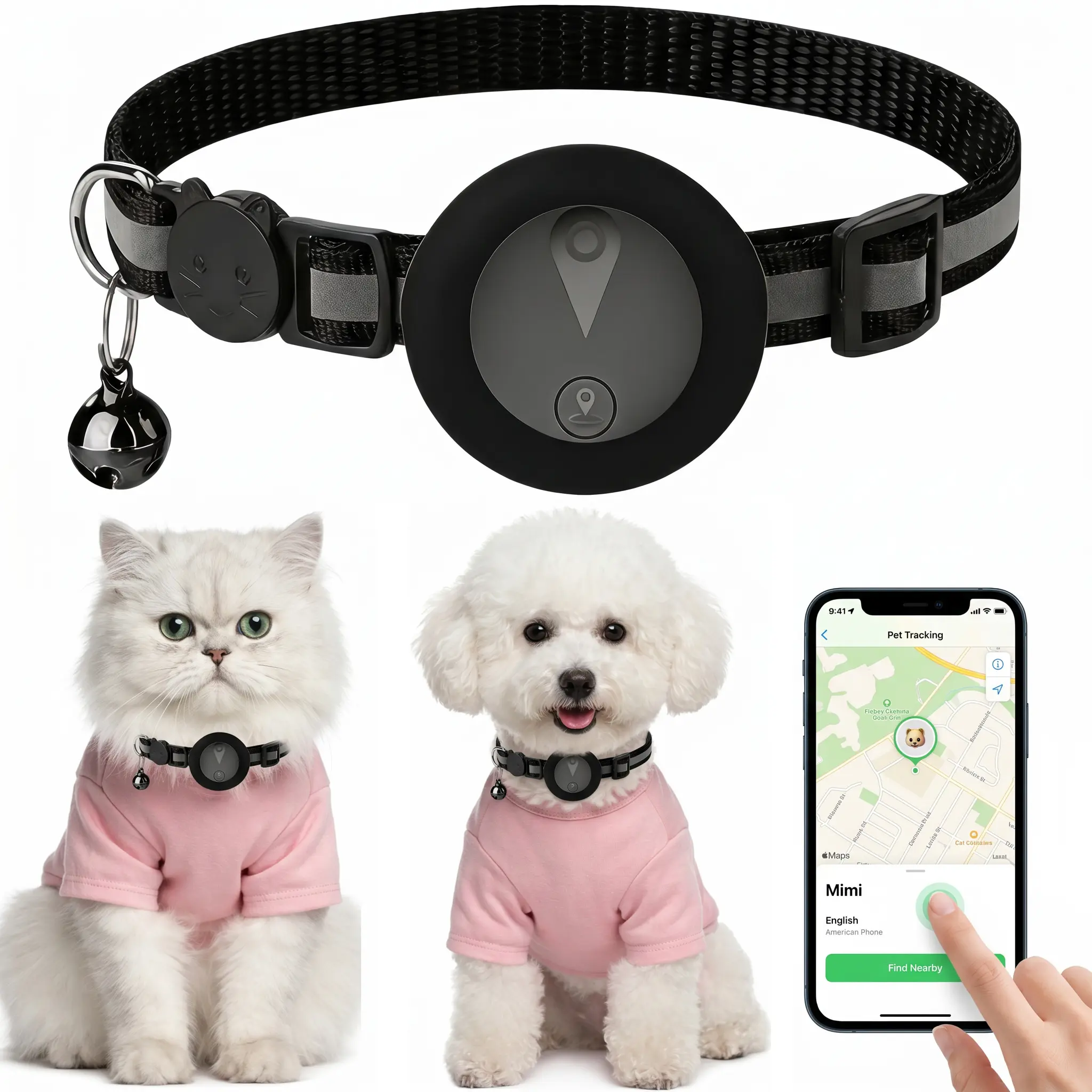 Portable Pet GPS Tracker - Non-Invasive Wearable Smart Collar, iOS 'Find My' Compatible, Real-Time Location Tracking, 360-Degree Reflective Tape & Strips, Adjustable, IP67 Waterproof, No Monthly Fees & No SIM Card, for Small/Medium/Large Pets