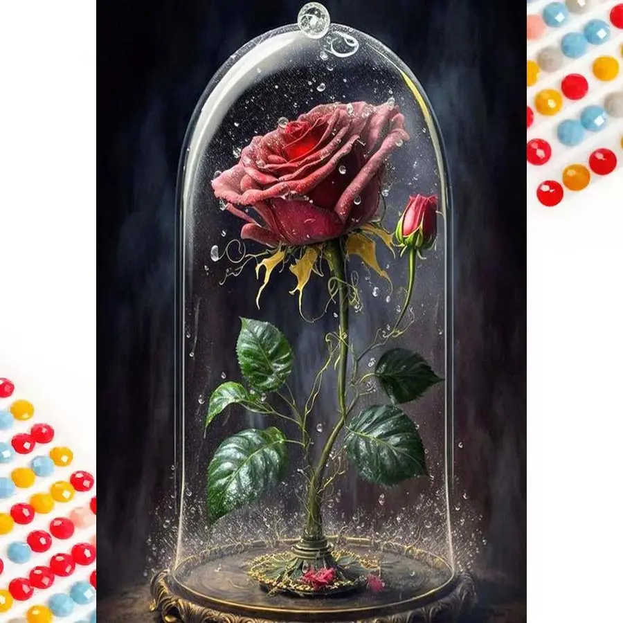 5D DIY Full Diamond Round Diamond Painting - Diamond Art Kit Glass Dome Rose Mosaic, Canvas - DIY Decorative Painting, Home Wall Decor, Perfect for Halloween and Christmas, Independence Day, Birthday and Anniversary Gifts, Diamond Painting Kits