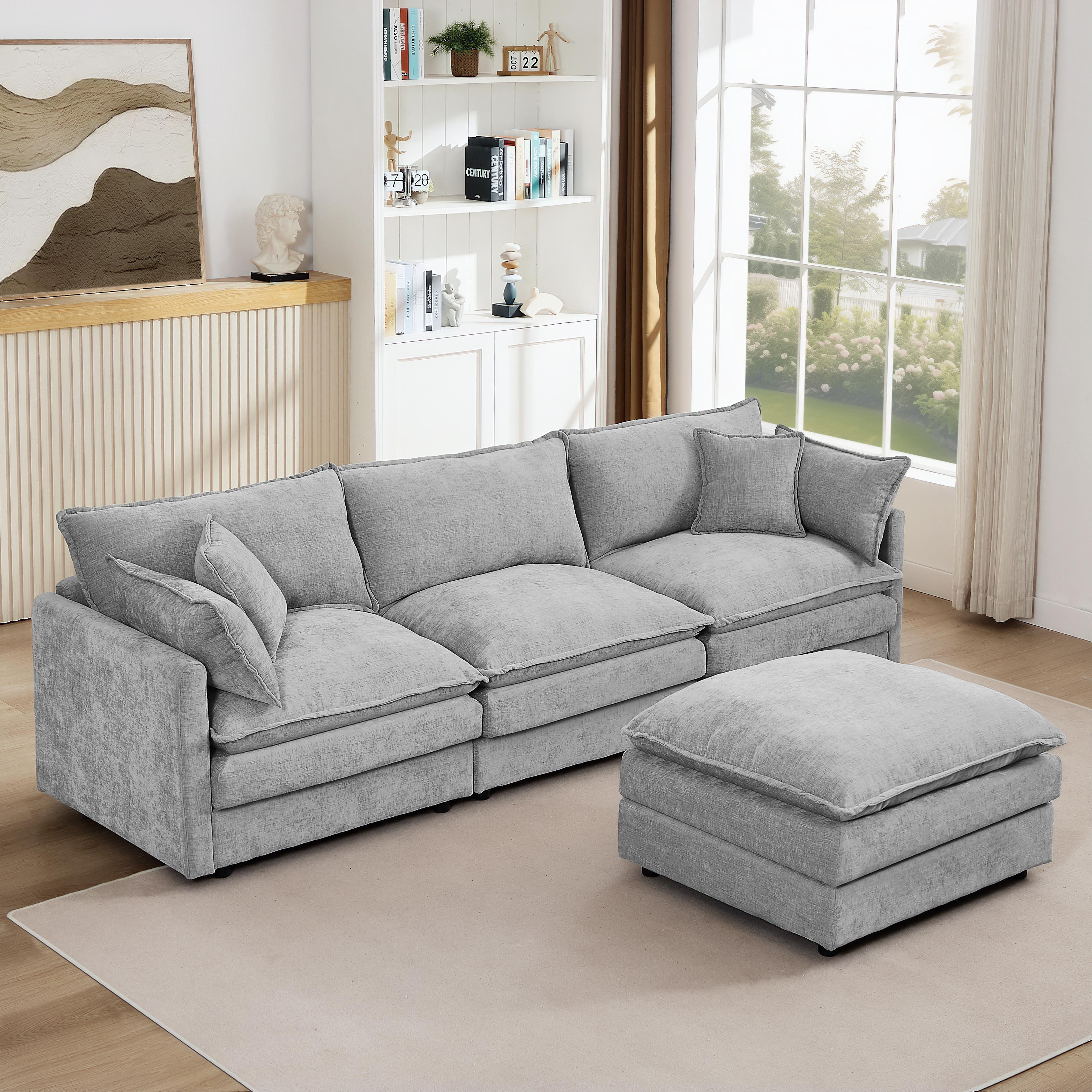 102" L Shaped Modular Sectional Sofa, Comfy Upholstery Chenille Cloud Couch with Ottoman, Modern 4-Seat Deep Seat Sofa with Pillow for Living Room, Bedroom, Apartment, Grey