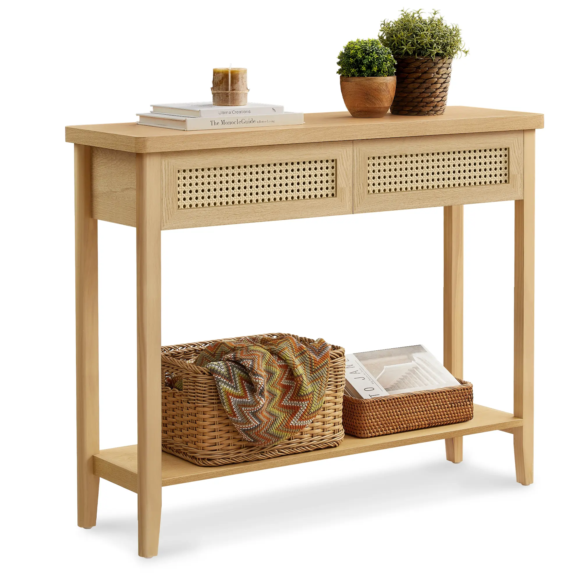 VASAGLE Console Sofa Table, Narrow Entryway Table, 2 Drawers, Open Storage Shelf, Rounded Corners, for Living Room, Boho Style