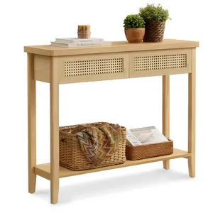 VASAGLE Console Sofa Table, Narrow Entryway Table, 2 Drawers, Open Storage Shelf, Rounded Corners, for Living Room, Boho Style