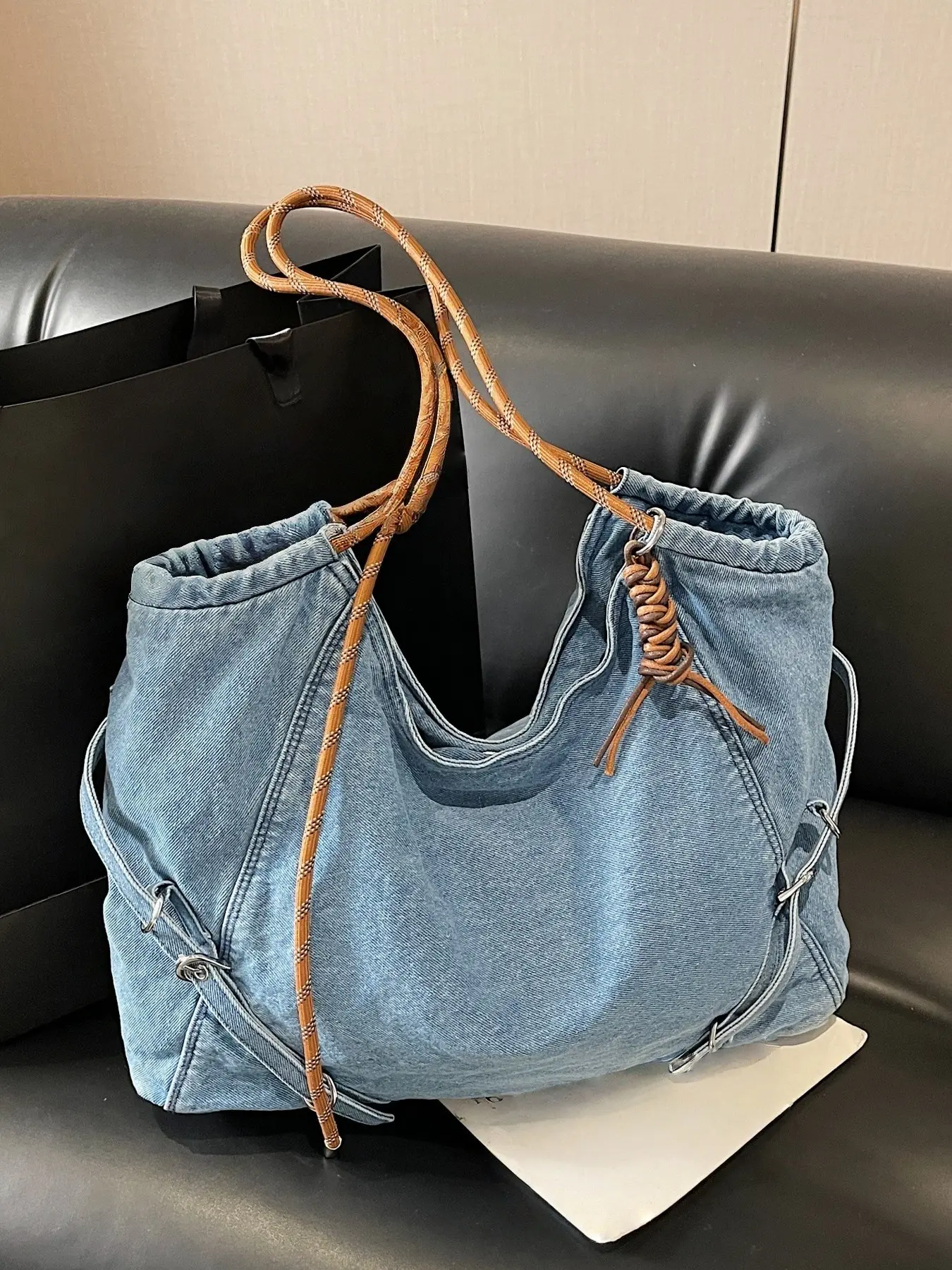 Vintage Denim Fabric Large Capacity Tote Bag, Fashionable Versatile Lightweight Shoulder Bag, Daily Commute Lazy Style Backpack