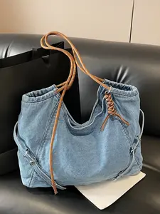 Vintage Denim Fabric Large Capacity Tote Bag, Fashionable Versatile Lightweight Shoulder Bag, Daily Commute Lazy Style Backpack