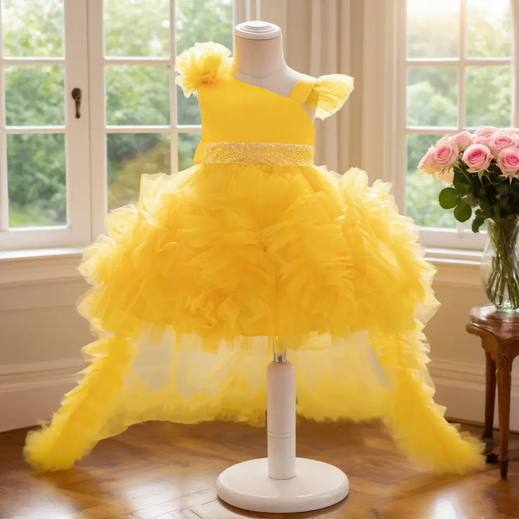 Girls' Fashionable Asymmetrical Mesh Formal Dress with Long Train, Toddler Wedding Guest Dress, Kids' Birthday Clothes for Party Festival, Ruffle Flowy Dress