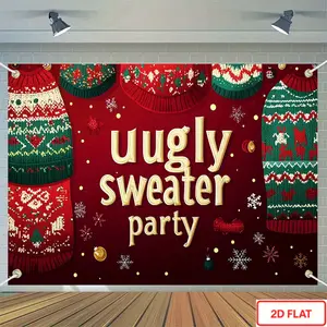 1pc Ugly Sweater Party Backdrop with Perforated Edges - Christmas New Year's Easter Thanksgiving Indoor/Outdoor Decoration, Ugly Sweater Theme for Birthdays, Graduations & Sweater Party Events - E