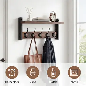 LOVEWE Coat Rack Shelf Wall Mounted, Coat Hooks Set of 1, Entryway Coat Hanger with 5 Hooks, Wall Floating Shelf with Hat Rack, for Kitchen, Bedroom, Bathroom, Rustic Brown