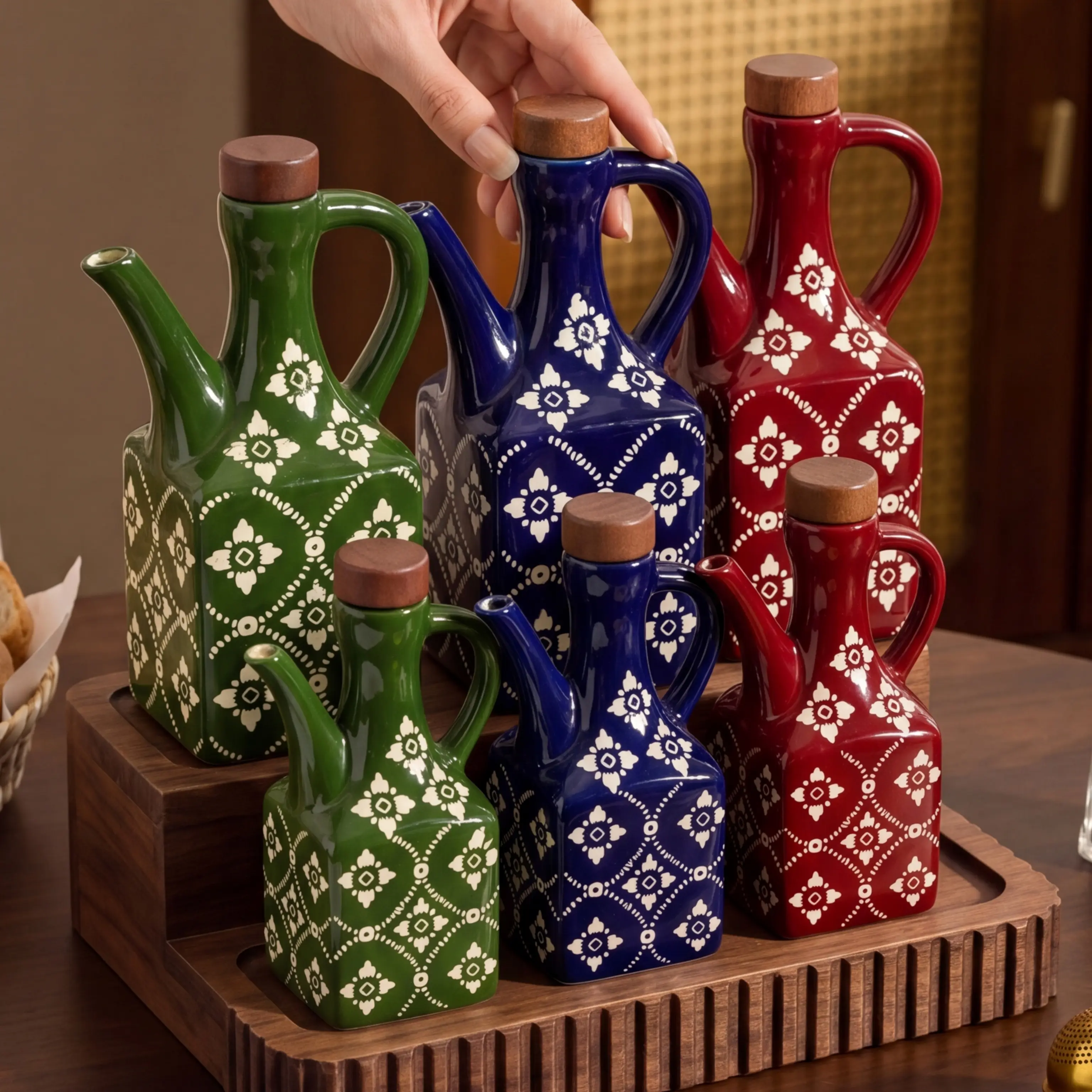 HongDian Vintage Ceramic Oil and Vinegar Dispenser Series,Optional 4/5 in 220ml 8 oz,620ml 21 oz,Red Blue Green,Food Grade Wood Stopper,Easy Grip Handle,Premium Ceramic,Countertop Pour Bottle for Olive Oil,Soy Sauce,Salad Dressing,Kitchen Decor