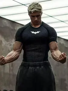 Men's Batman Sporty T-Shirt, Short Sleeve Slim-Fit Fitness Training Top, Quick-Dry Printed Tee, Trendy Gym Wear for Men