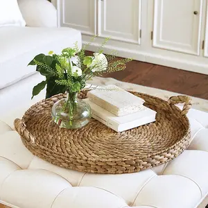 Braided Hyacinth Tray - Boho Rattan Round Tray Decor | Woven Coffee Table Serving Tray Home Decor