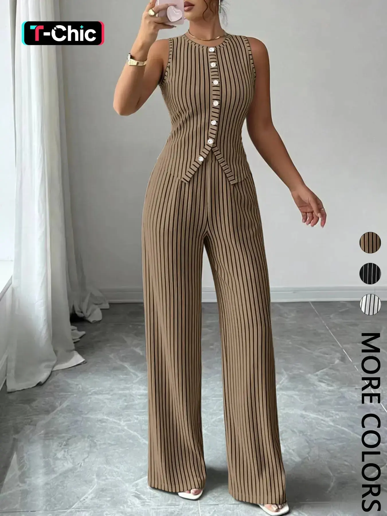 Elegant Commute Style Summer Outfits Set, Striped Sleeveless Round Neck Buttoned Slim Neck Top Vest + High Waist Loose Straight Leg Pants, 2 Piece Casual Matching Set Womenswear Suits