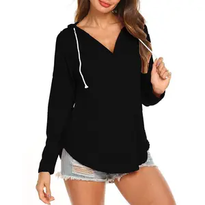 Women's V Neck Long Sleeve T-Shirt Comfort Fit Solid Color Pullover Hoodie Casual Sweatshirt for Fall and Office