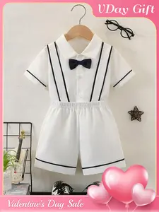 Baby boy clothes, baby products, fresh sailor academy style, baby boy white sailor style short sleeved shorts set, black stripes+three-dimensional tie decoration, baby boy birthday gift, Valentine's Day gift, suitable for family gatherings