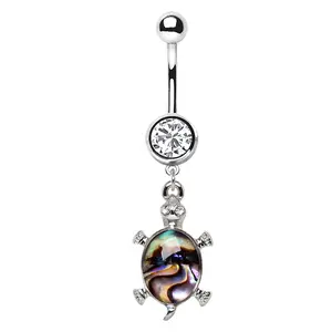 Teal Abalone Inlay Turtle Dangle Belly Button Ring - 316L Stainless Steel