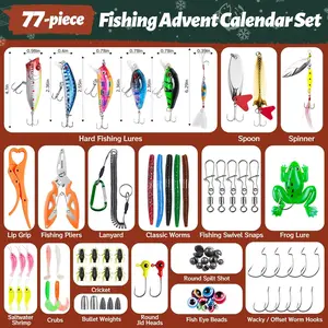 Fishing Advent Calendar 2025 for Men & Teen Boys, 77 PCS Christmas Countdown Calendar with Lures, Pliers, Fish Gripper & Tools, Fishing Lure Advent Galendar Gift for Adult, Dad, Husband-Red