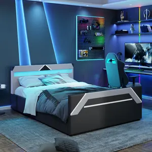 Queen Size Storage Platform Bed with Built-in 7-Color LED Lighting Headboard, Side-Lift Hydraulic Gaming Bed Frame, Cyberpunk Style, Black+Gray