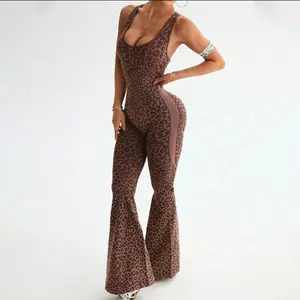 Women's Leopard Print Flared Workout Bodysuit - Girly Clothing Bodysuits, Sexy Hollow Cross-Twisted Back, Backless High-Waisted, Bodycon Flare Leg, Fitness Yoga Activewear