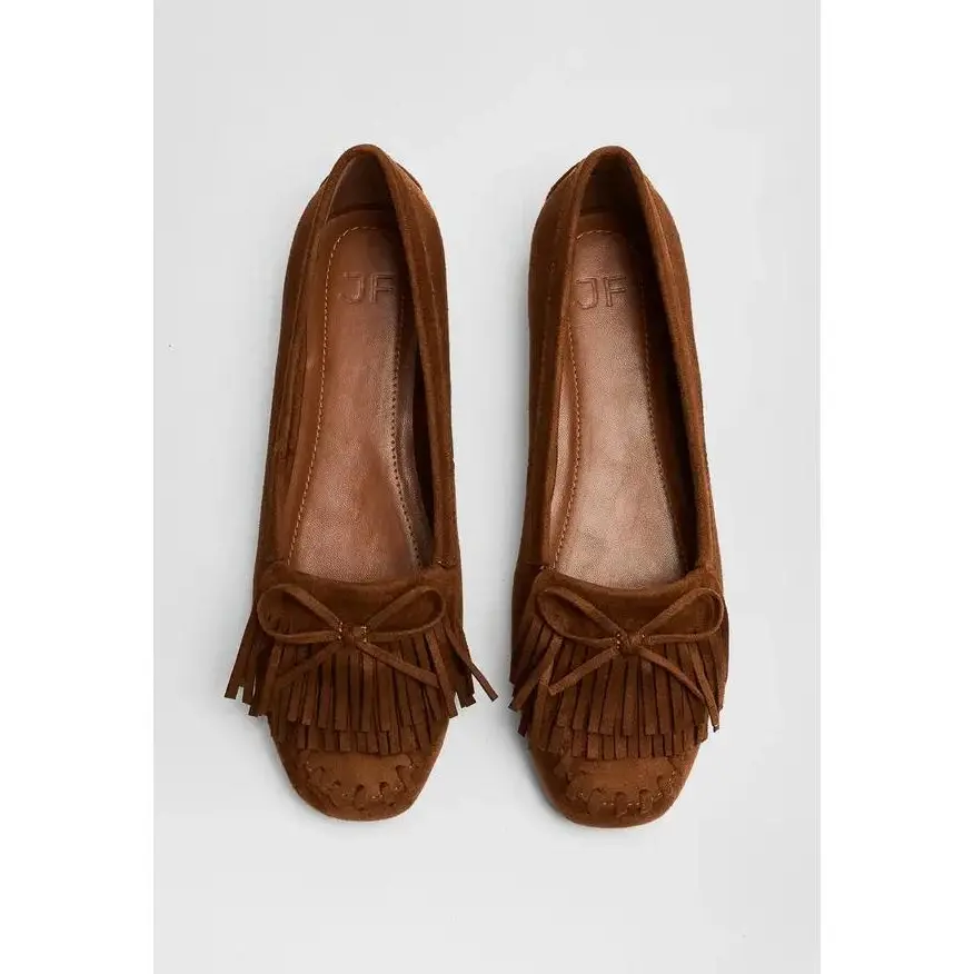 JUST FAB Women's Suede Loafers Fringe Bow Moccasin Flats Slip On Casual Comfort Shoes